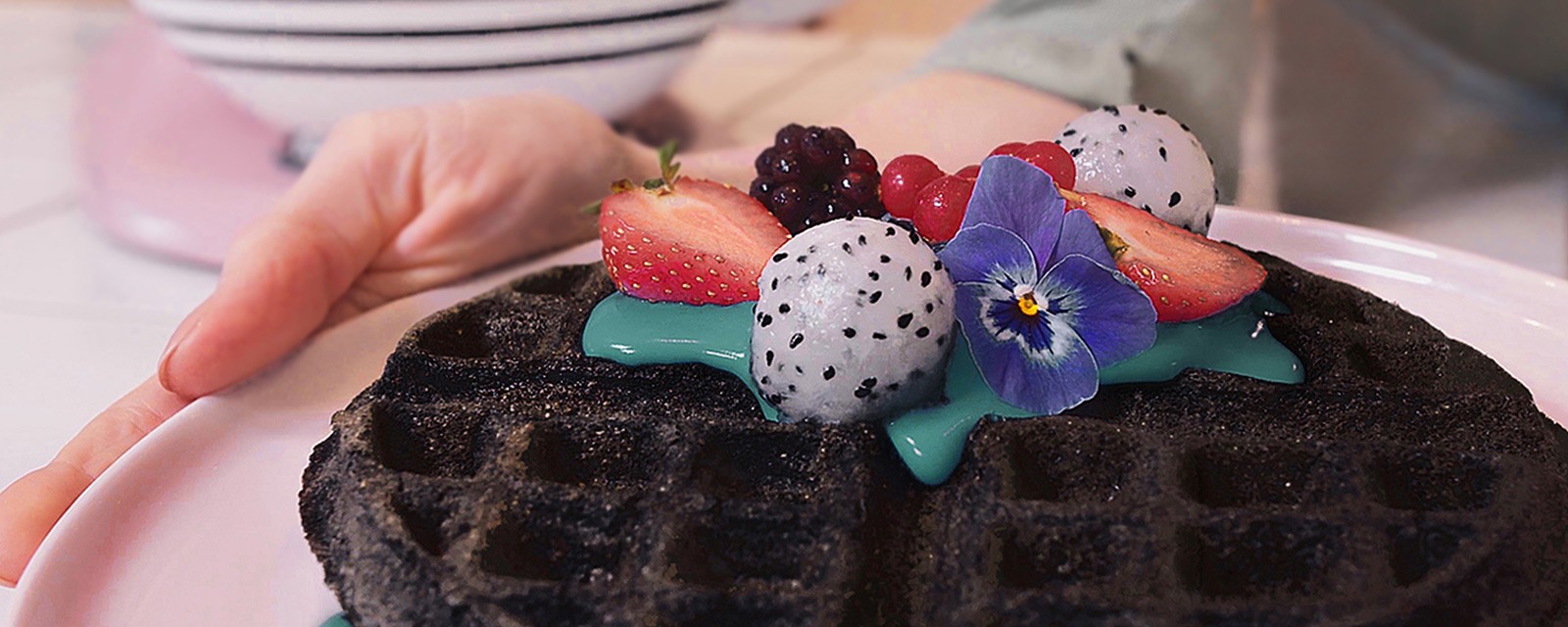 Vegan charcoal waffles with spirulina coconut yoghurt Recipes